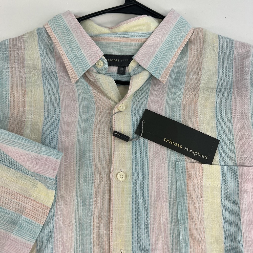 Tricots St Raphael Shirt‎ Mens XL Multicolor Stripe Short Sleeve Linen Button Up